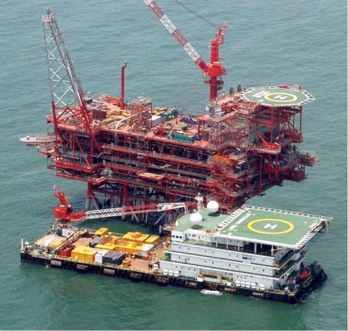 India's Reliance Industries KG-D6's control and raiser platform is seen off the Bay of Bengal.