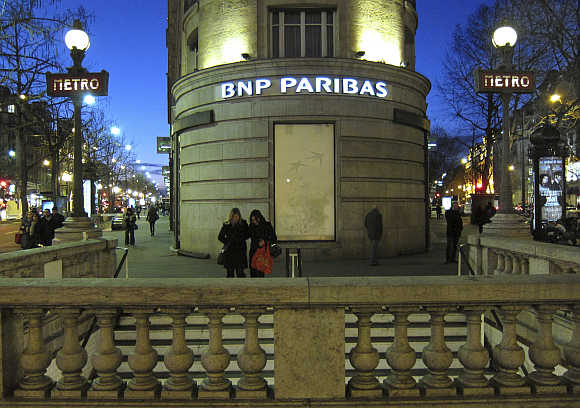 Paris headquarters of the BNP Paribas bank near the entrance to the Richelieu-Drouot Metro station in the French capital.