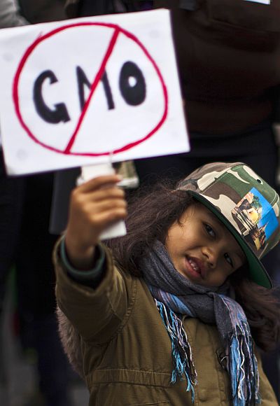 A girl holds up a sign during a protest against US-based Monsanto.
