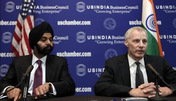 Ajay Banga , MasterCard CEO and US-India Business Council (USIBC) Chairman; and USIBC President Ron Somers hold a news conference during leadership summit in Washington.