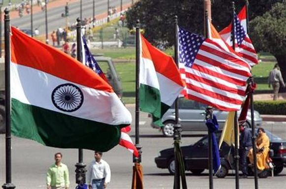 Indian and U.S. national flags flutter in New Delhi.