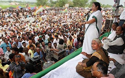 A file photo of Mamata Banerjee, then the chief of Trinamool Congress, speaking during a protest rally in front of Tata Motors' Nano plant at Singur.