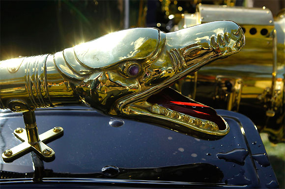 The ornate horn on a 1911 Stanley Steamer glints in the sun at the annual Rockville, Md. Antique and Classic Car show on October 20, 2012.