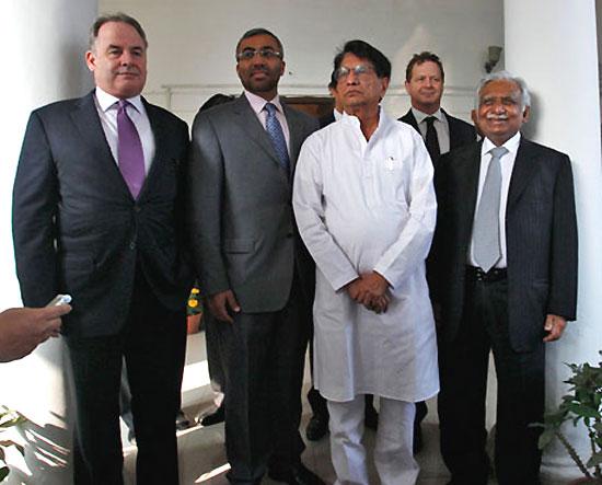 From L-R, front row: Etihad's chief executive James Hogan, Civil Aviation Minister Ajit Singh, and Jet Airways' CEO Naresh Goel