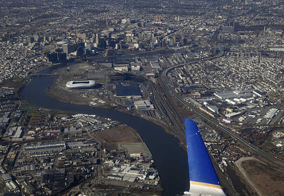 City of Newark is seen from a United Airlines commuter jet as it takes off from Liberty International Airport in Newark, New Jersey.