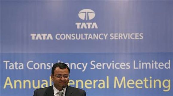 Tata Group Chairman Cyrus Mistry speaks to shareholders during the TCS annual general meeting.