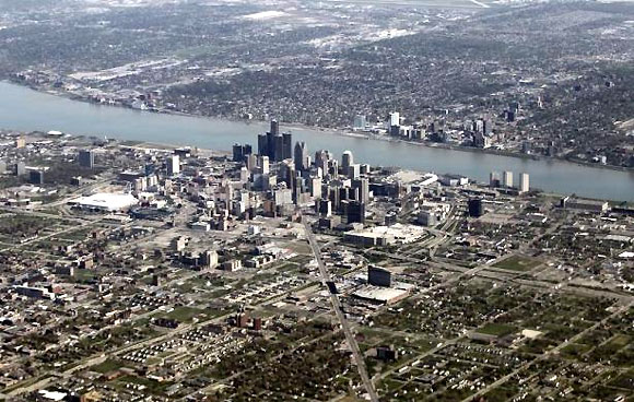 An aerial view of Detroit seen from Air Force One.