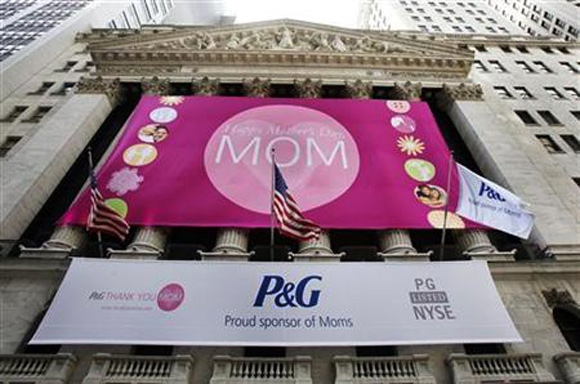 Procter and Gamble trademark is seen hanging outside the New York Stock Exchange.