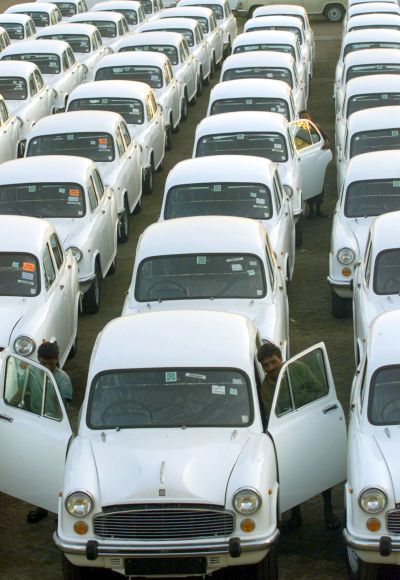 Rows of Ambassador cars are seen at the Hindustan Motors plant.