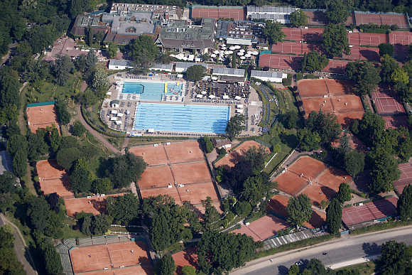 An aerial view shows the Lagardere Paris Racing sport complex in the Bois de Boulogne, Western Paris.