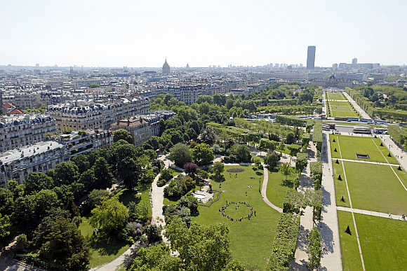 A view of the Champs de Mars and the Paris sky line.