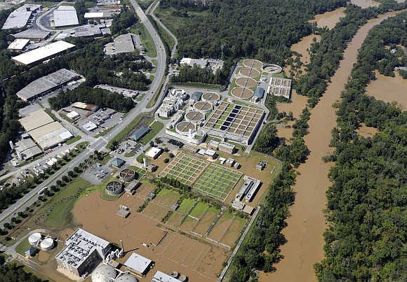 Floodwaters engulf parts of the RM Clayton Sewage Treatment Plant in Atlanta, Georgia, United States.