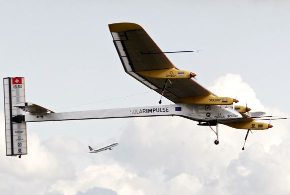 Solar Impulse's Chief Executive Officer and pilot Andre Borschberg takes off with the solar-powered HB-SIA prototype aircraft during a flight from Brussels to Paris.