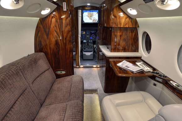 The interior of a business jet.
