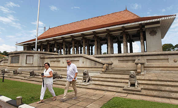 Tourists leave after visiting Independence Square in Colombo, Sri Lanka.