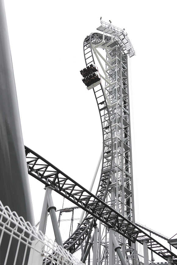 World's steepest roller coaster 'Takabisha' with a free falling angle of 121 degrees at Fuji-Q Highland amusement park in Fujiyoshida, west of Tokyo, Japan.