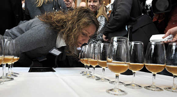 A woman smells samples of champagne in Mariehamn, Finland, from one of the 168 bottles salvaged from a 200-year-old shipwreck near the waters of Aland Islands.