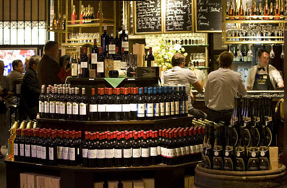 A view of the wine department at French Galeries Lafayette department store in Berlin, Germany.