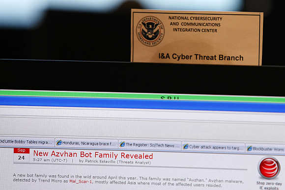 A work station is pictured at the US Department of Homeland Security's National Cybersecurity & Communications Integration Center located just outside Washington, DC, in Arlington, Virginia.