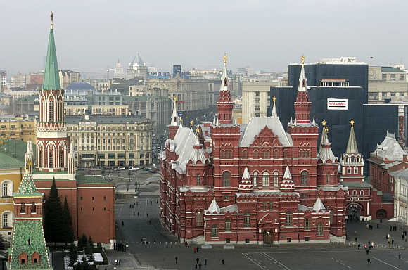 St Nicholas (Nikolskaya) Tower, left, and the History Museum, right, in Moscow's Red Square.