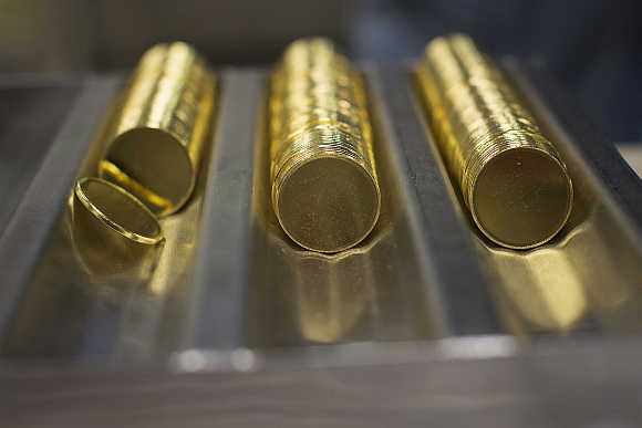 One ounce 24 karat gold proof blanks at the United States West Point Mint facility in West Point, New York.