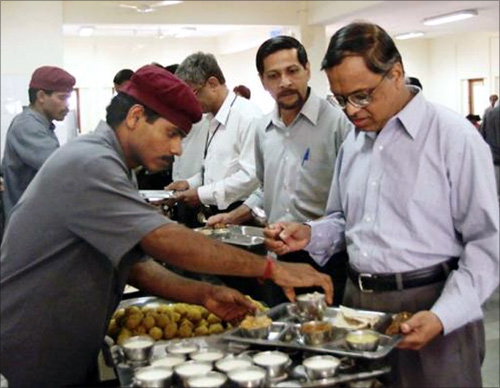  A file photo of Narayana Murthyin Infosys cafeteria during lunch time.