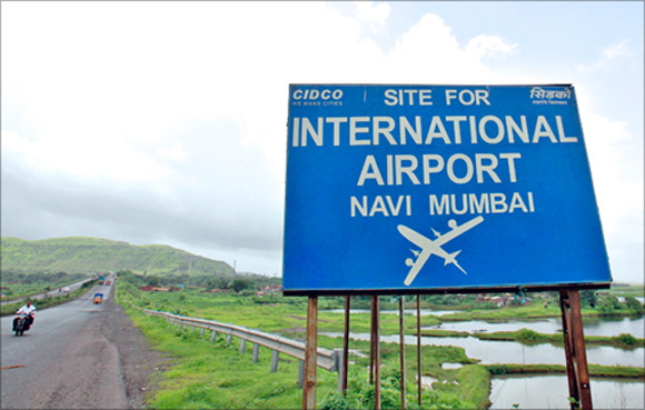 A signboard at the proposed site of the Navi Mumbai International Airport.
