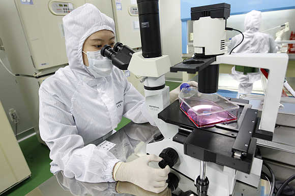 A researcher uses a microscope at an aseptic room of the FCB-Pharmicell laboratory in Seongnam, near Seoul, South Korea.