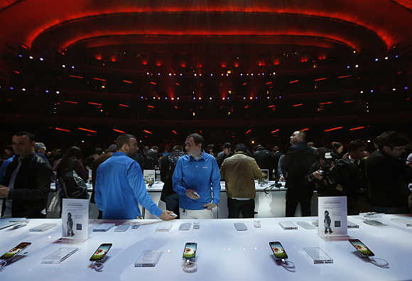 Samsung Galaxy S4 smartphones are displayed at the Radio City Music Hall in New York.