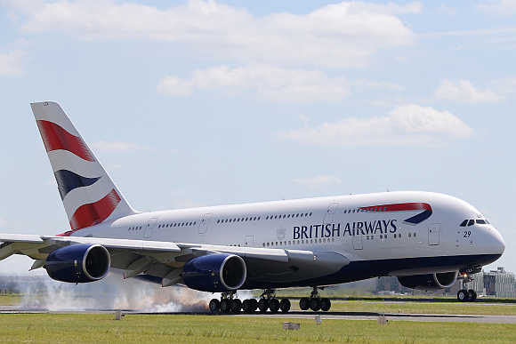 A British Airways Airbus A380 lands at the Le Bourget airport near Paris.
