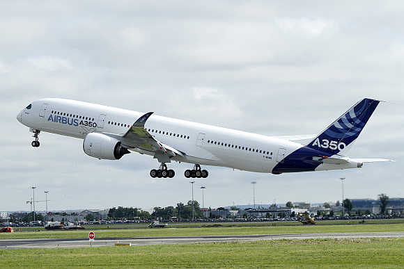 Airbus A350 takes off at the Toulouse-Blagnac airport in southwestern France.