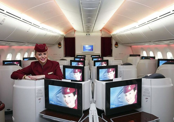 Business class cabin of Qatar Airways new Boeing 787 Dreamliner. 