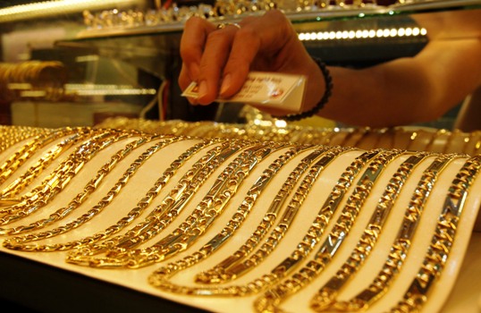 Gold chains are displayed for sale at a shop in Hanoi.