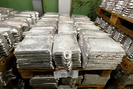 Unrefined pieces of silver are stacked at the KGHM copper and precious metals smelter processing plant in Glogow.