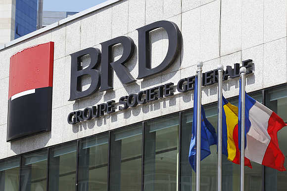 Logo of Romania's largest listed bank BRD at the bank's headquarters in Bucharest.