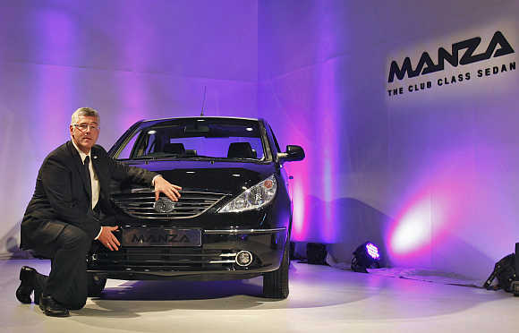 Tata Motors' Managing Director Karl Slym with  Tata Indigo Manza club class sedan in Mumbai.