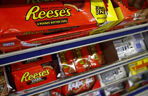 Packets of Reese's peanut butter cups are displayed at a gas station in Phoenix, Arizona, United States.