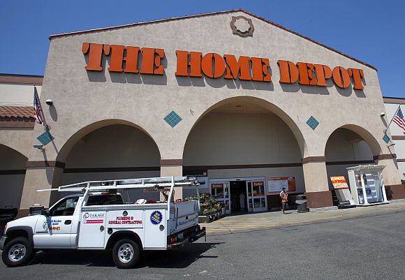 The entrance to The Home Depot store is pictured in Monrovia, California.