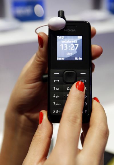 The new Nokia 105 is pictured during the Mobile World Congress in Barcelona.