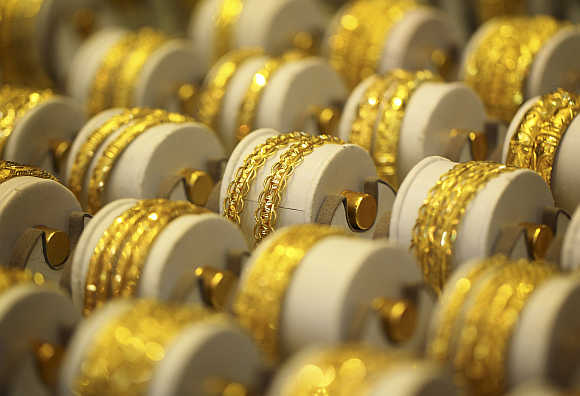 Gold jewellery is displayed in a shop in Kathmandu.