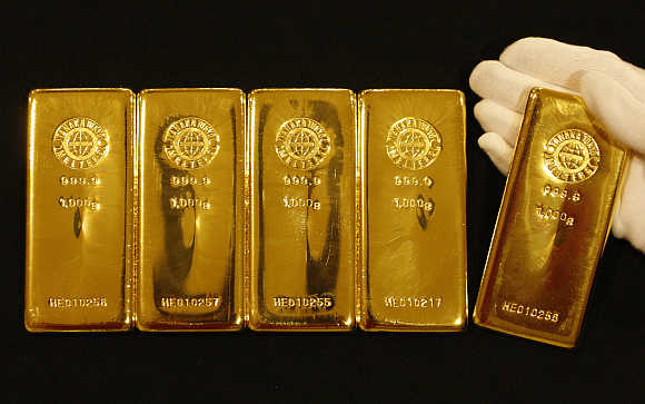 Gold bars are displayed at the Ginza Tanaka store in Tokyo.