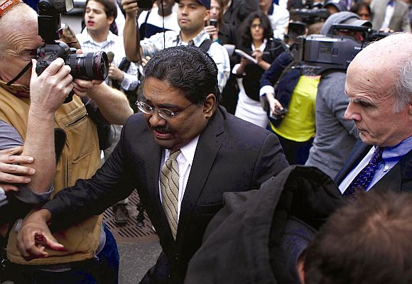 Galleon hedge fund founder Raj Rajaratnam was swarmed in as he left Manhattan Federal Court, where he was found guilty of 14 counts of insider trading.