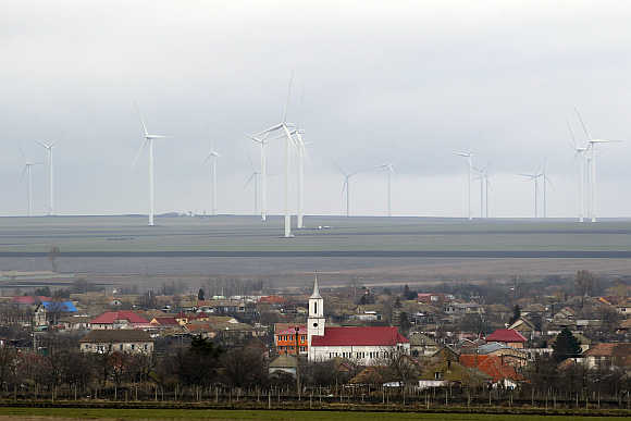 Turbines of Czech CEZ wind park, Europe's largest on land, in Fantanele and Cogealac villages, about 250km east of capital Bucharest, Romania.