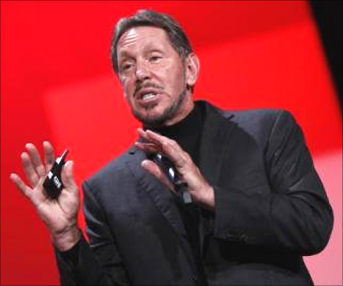 Oracle Chief Executive Larry Ellison delivers his keynote address at Oracle Open World in San Francisco.