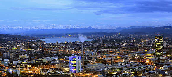 A view of Zurich, Lake Zurich and the eastern Swiss Alps.