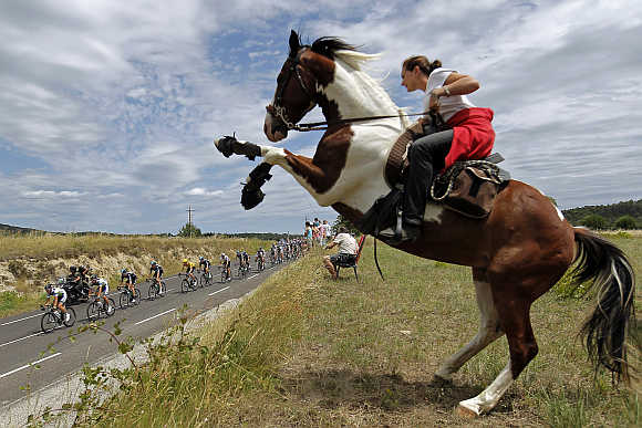 Pack of riders cycles past a woman on a horse during the Tour de France between Saint-Paul-Trois-Chateaux and Cap d'Agde, France.