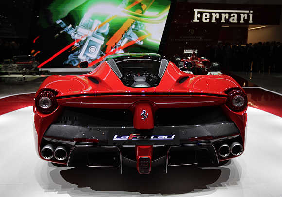 Rear view of LaFerrari hybrid car at Geneva Car Show.