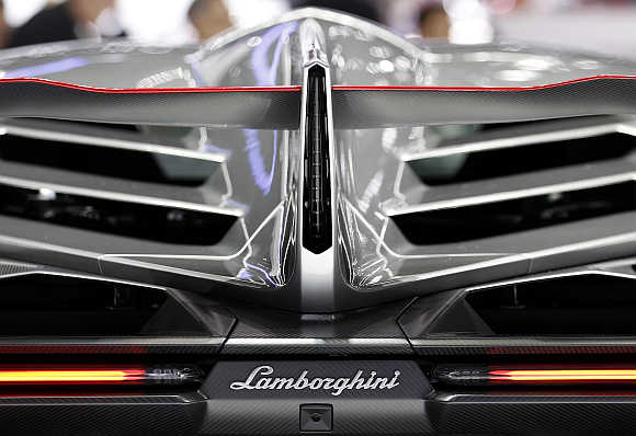 Rear view of Lamborghini Veneno at Geneva Car Show.