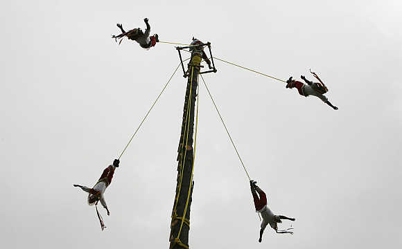Men from Papantla, a village in Veracruz, Mexico, perform the flying rope ritual.