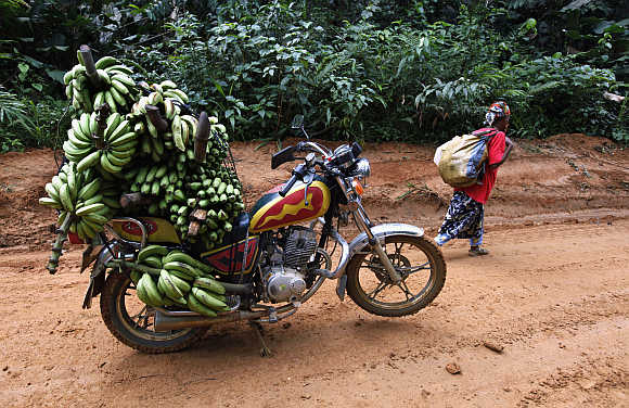 A motorbike taxi laden with bananas is parked between the town of Mundemba and village of Fabe, Cameroon.